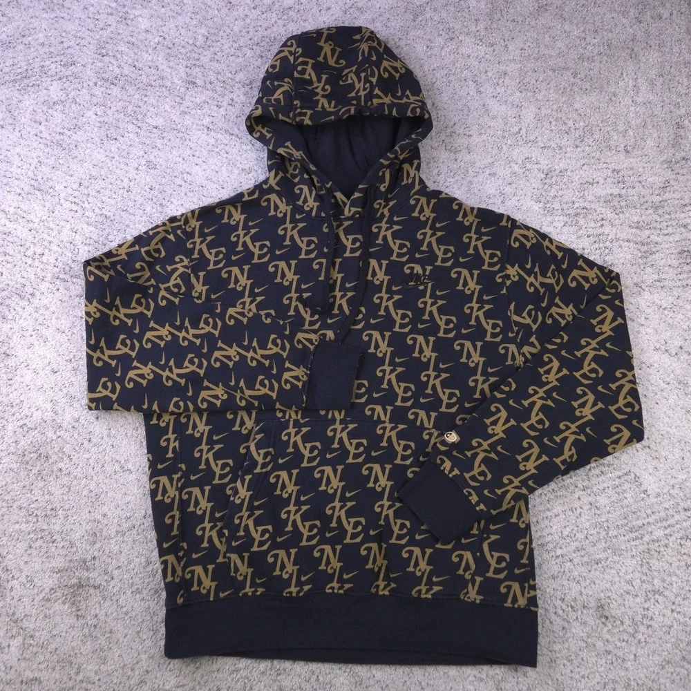 Nike Hoodie Mens Medium AOP Sweatshirt Fleece Sportswear Black Gold Monogram